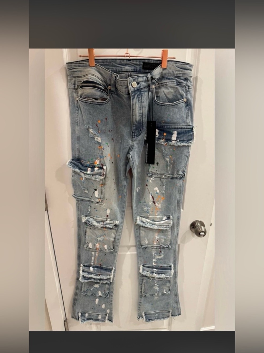 Rockstar Original Orien Blue Painter Stacked Flare Cargo Jeans 34